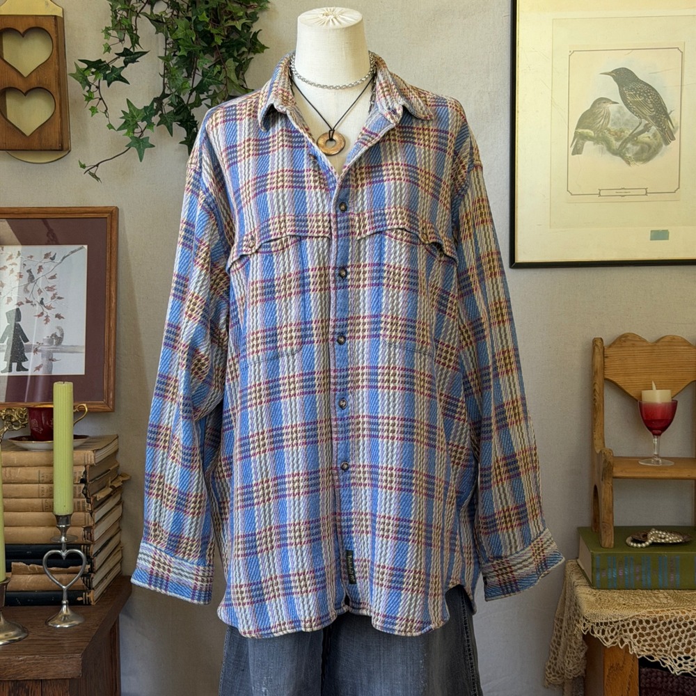Oversized Blue Plaid Indie Grunge Shacket Flannel Shirt Granola Vintage XL